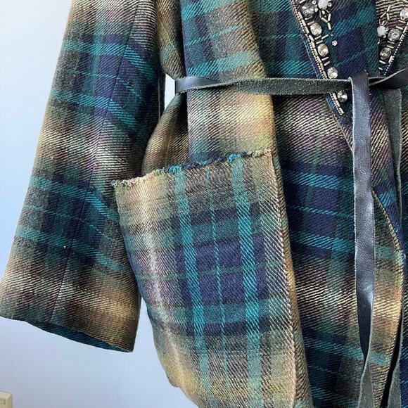 Isabel Marant Milroy Linen & Wool plaid embellished tie waist Coat FR44 US 12 - Picture 12 of 14